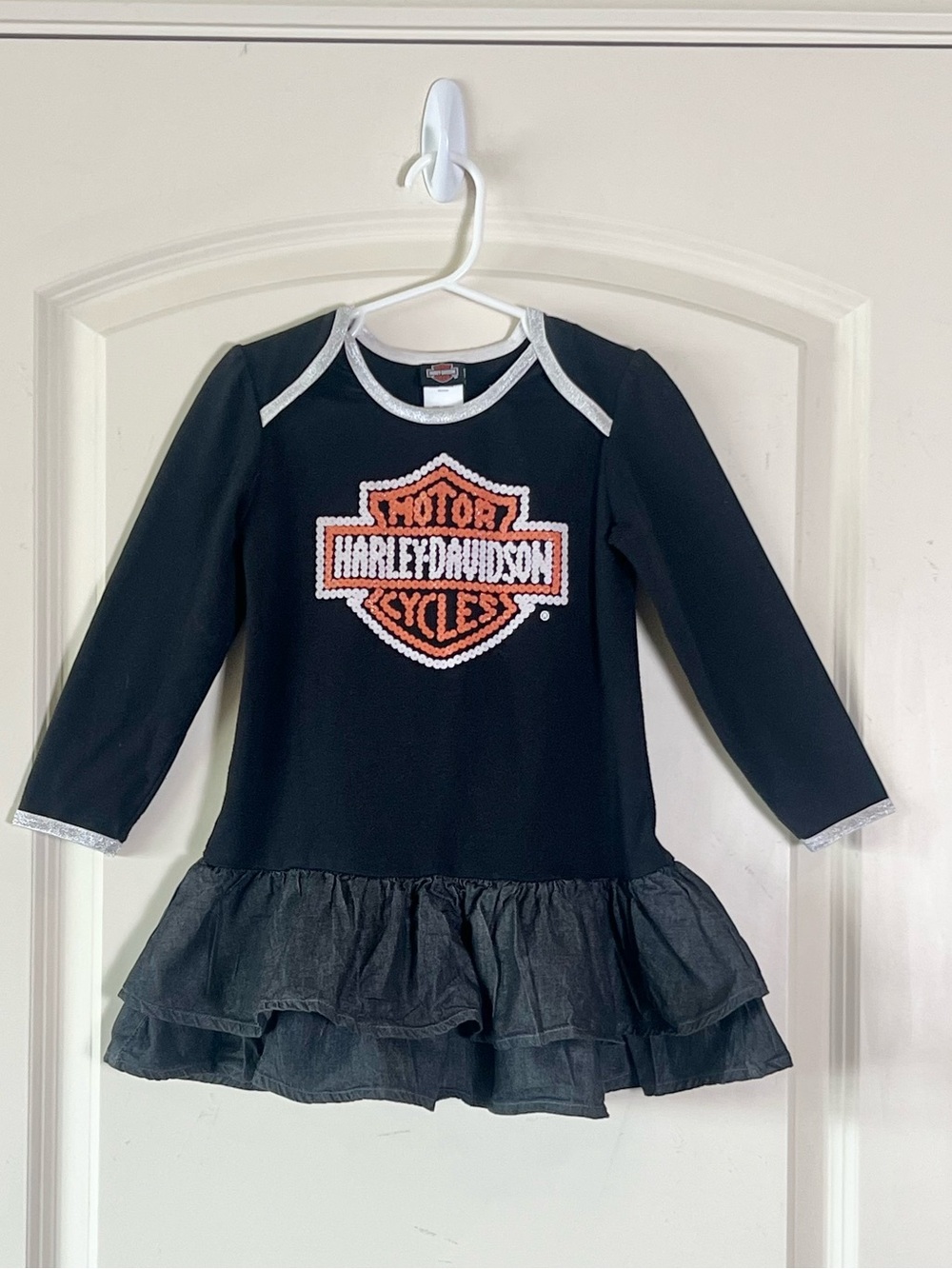 Harley Davidson Toddler Girls Long Sleeve Dress 4T Black Orange Ruffle Skirt